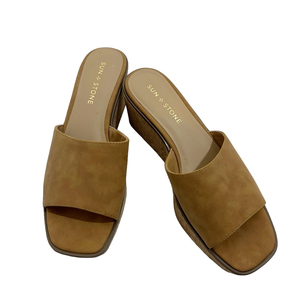 Sun + Stone Brown Cork Platform Suede Charlottee Cork Wedge Slide Sandals,Size 7